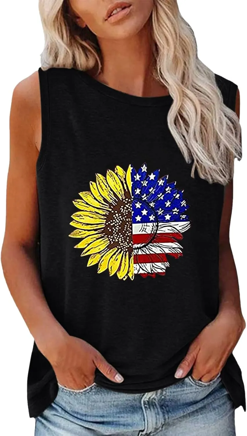 CRNTCEM American Flag Tank Tops for Women Sleeveless Floral Blue and Red Striped Printed Summer Tops Summer 4th of July Tees