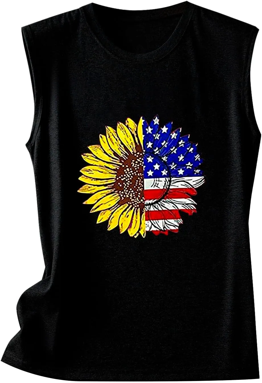 CRNTCEM American Flag Tank Tops for Women Sleeveless Floral Blue and Red Striped Printed Summer Tops Summer 4th of July Tees