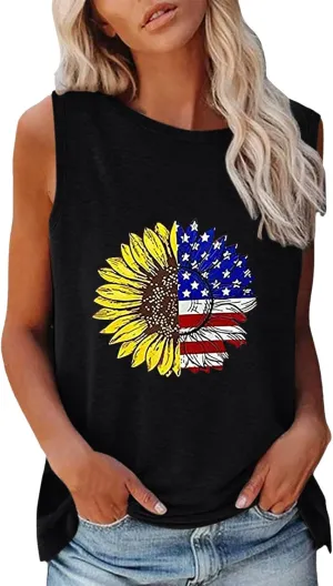 CRNTCEM American Flag Tank Tops for Women Sleeveless Floral Blue and Red Striped Printed Summer Tops Summer 4th of July Tees