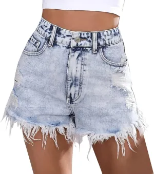 Denim Shorts Women Stretchy Plus Size Plain Color High Waisted Cute Mom Jean Shorts with Pockets Frayed Hem Slim Shorts Summer Shorts for Women