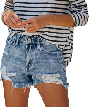 Denim Shorts Women Womens Mid-High Waisted Ripped Pocket Denim Jeans Shorts Cutoff Stretchy Summer Hot Short Pants