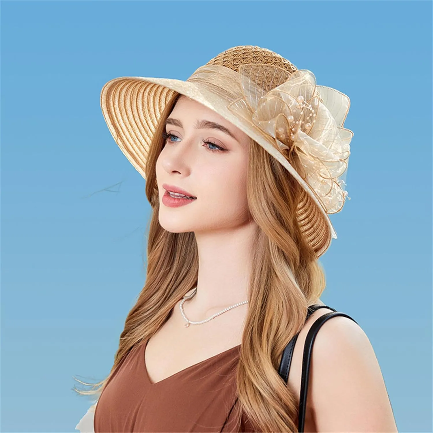 Derby Hats for Women 2025 Floral Pearl Organza Church Fascinator Cap Wide Brim Bridal Tea Party Foldable Bowler Hat