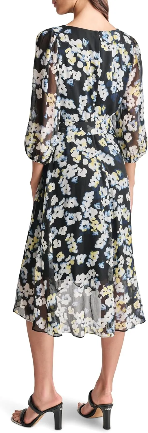DKNY Women's Balloon Sleeve Tie Fit & Flare Midi Dress