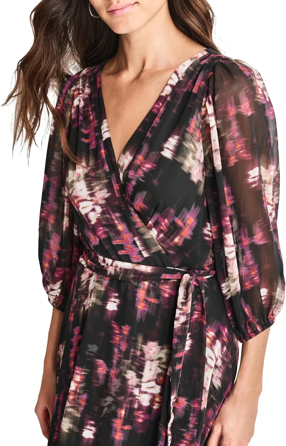 DKNY Women's Balloon Sleeve Tie Fit & Flare Midi Dress