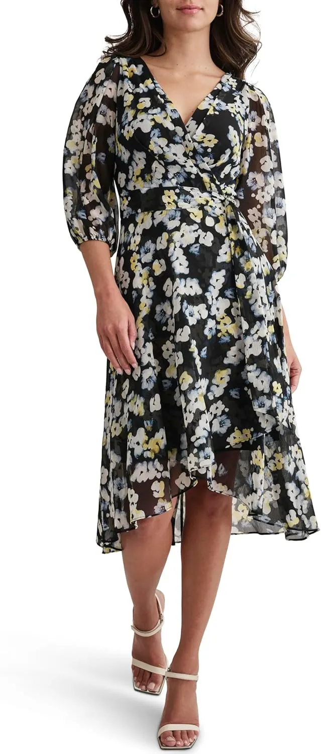 DKNY Women's Balloon Sleeve Tie Fit & Flare Midi Dress