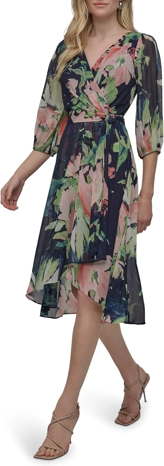 DKNY Women's Balloon Sleeve Tie Fit & Flare Midi Dress
