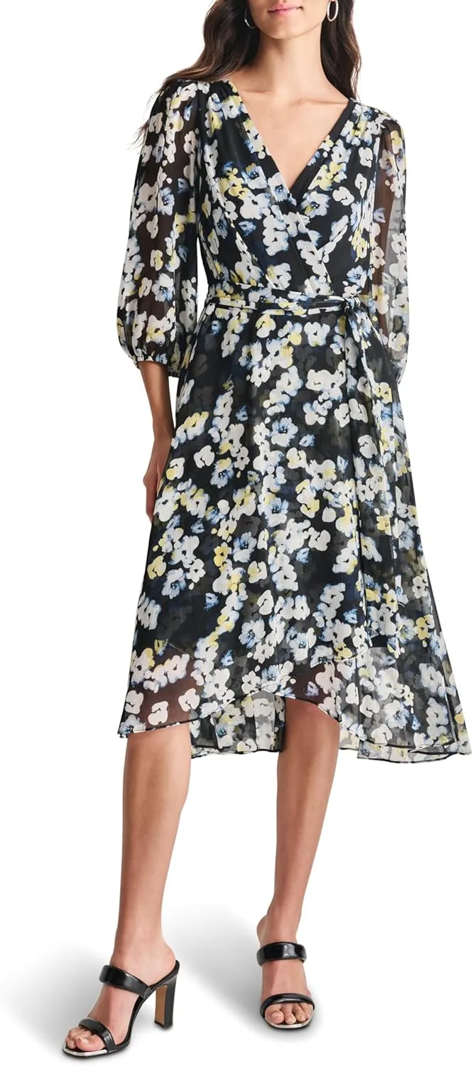 DKNY Women's Balloon Sleeve Tie Fit & Flare Midi Dress