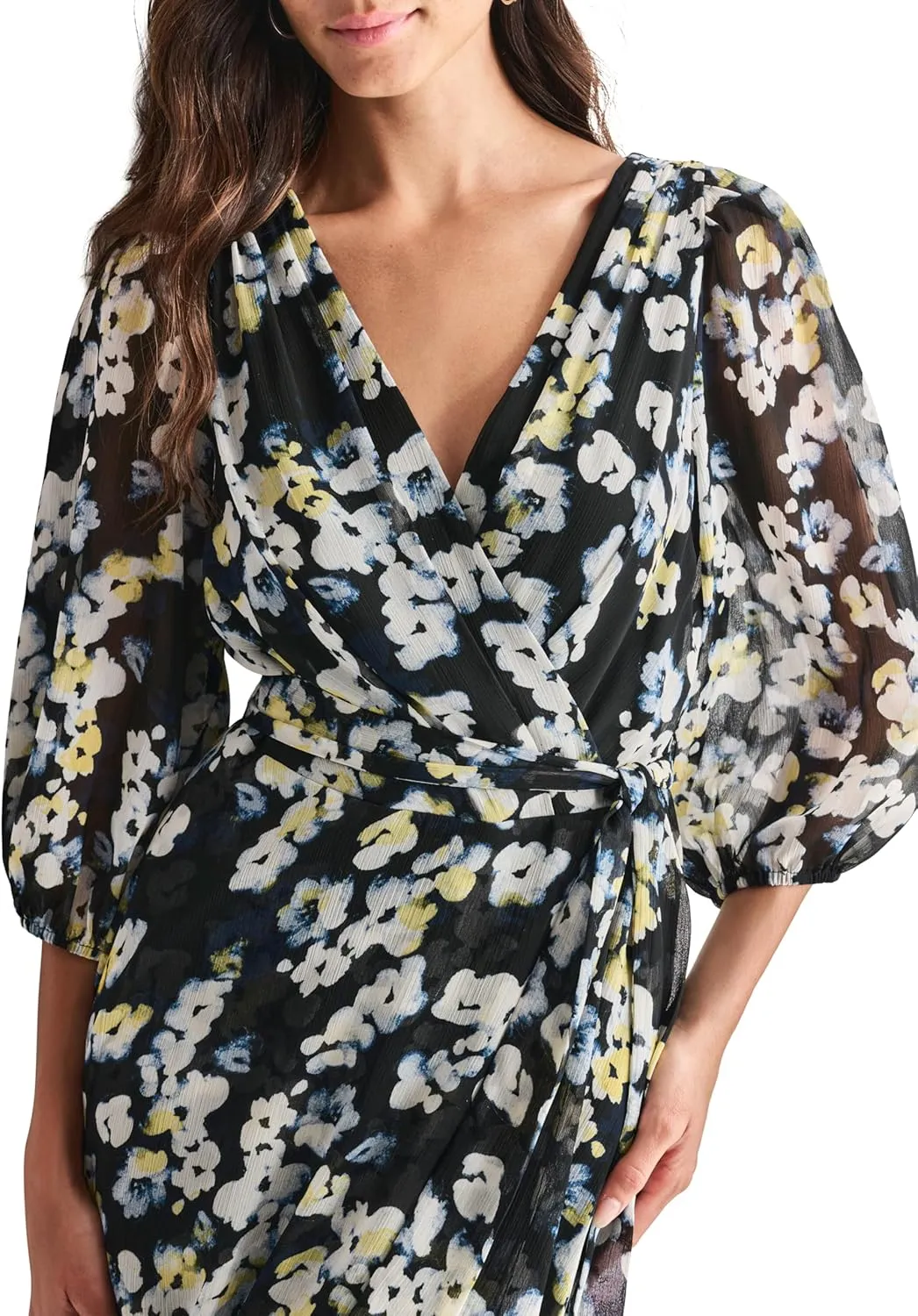 DKNY Women's Balloon Sleeve Tie Fit & Flare Midi Dress