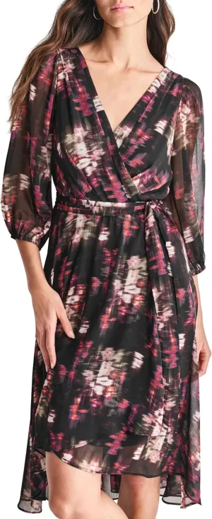 DKNY Women's Balloon Sleeve Tie Fit & Flare Midi Dress