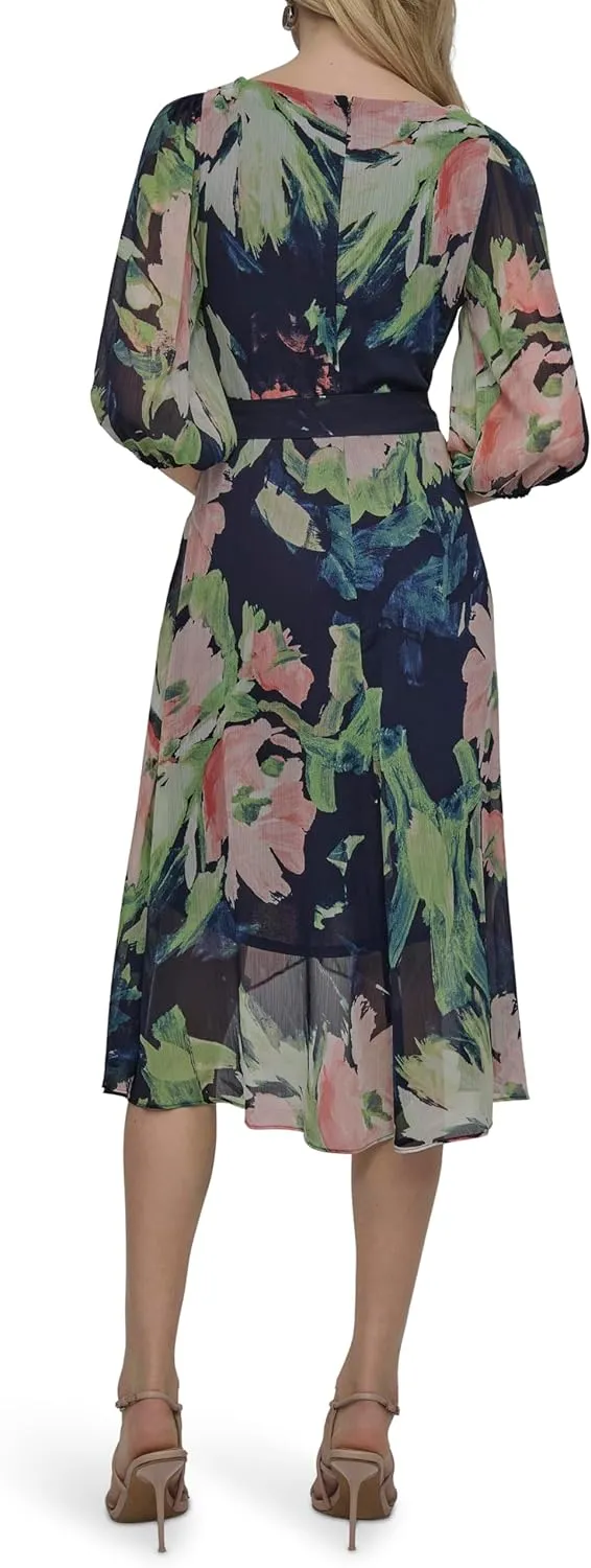 DKNY Women's Balloon Sleeve Tie Fit & Flare Midi Dress