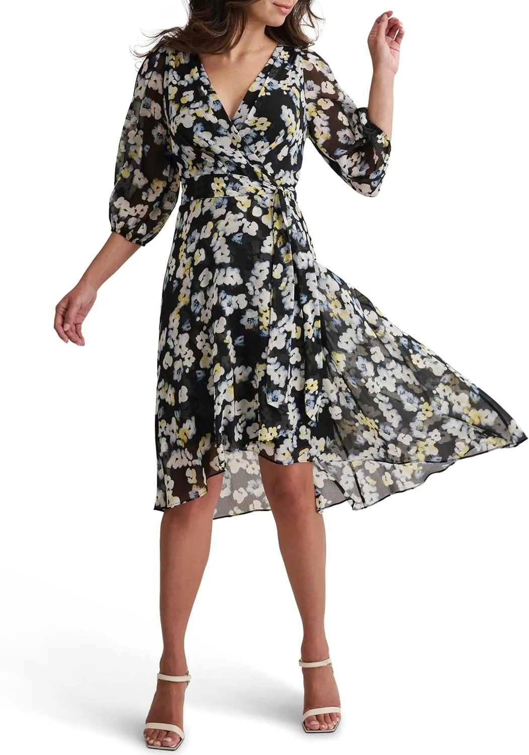 DKNY Women's Balloon Sleeve Tie Fit & Flare Midi Dress