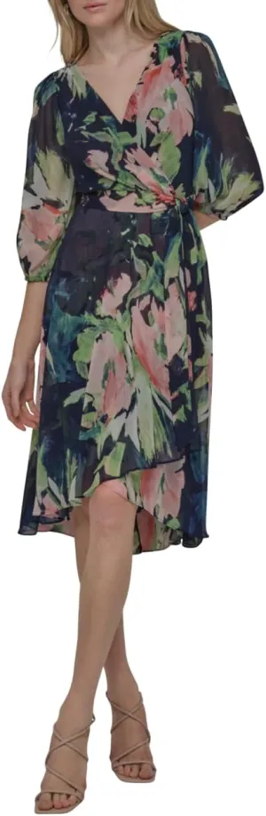 DKNY Women's Balloon Sleeve Tie Fit & Flare Midi Dress