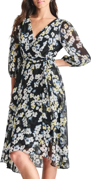 DKNY Women's Balloon Sleeve Tie Fit & Flare Midi Dress
