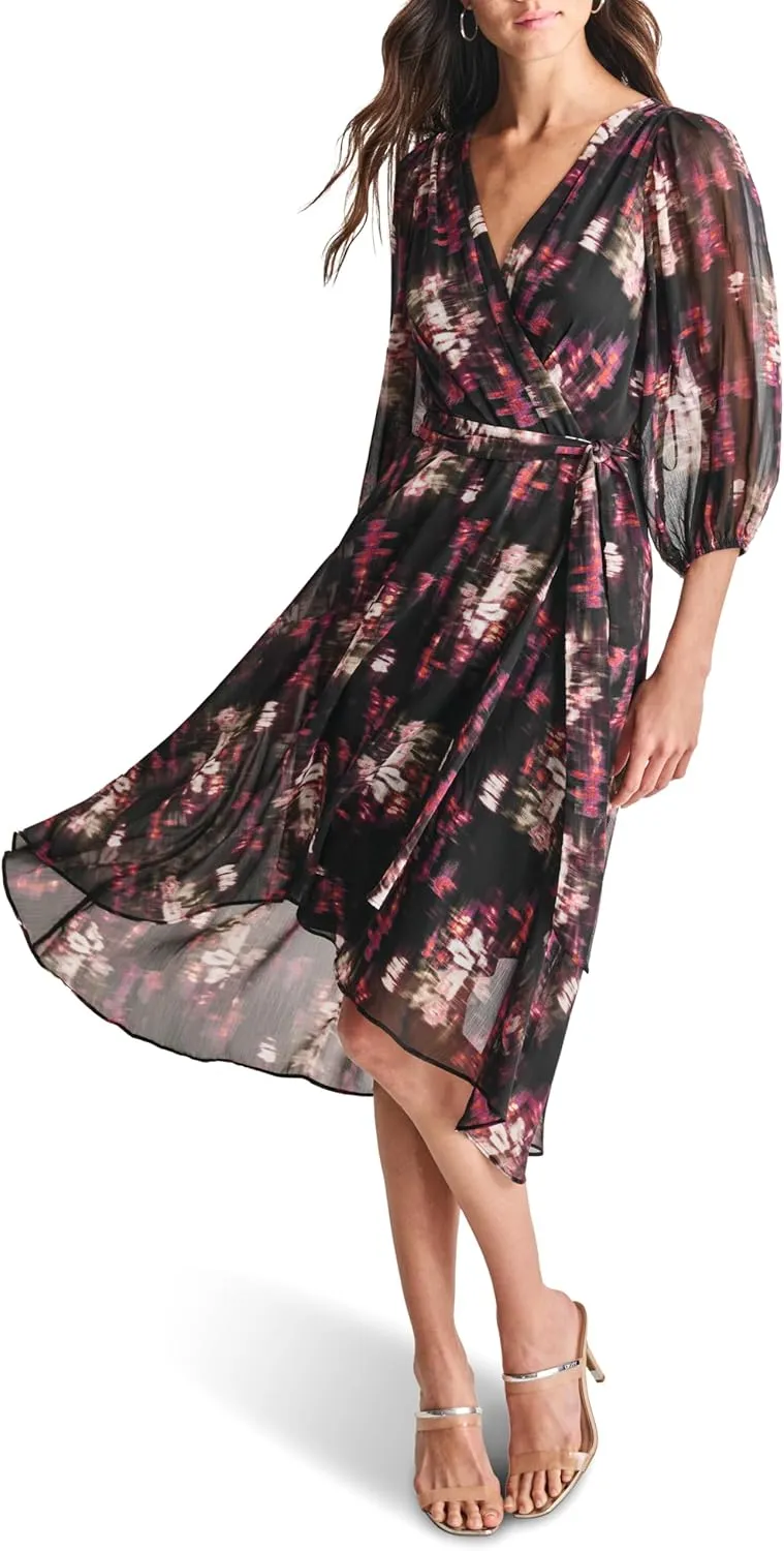 DKNY Women's Balloon Sleeve Tie Fit & Flare Midi Dress
