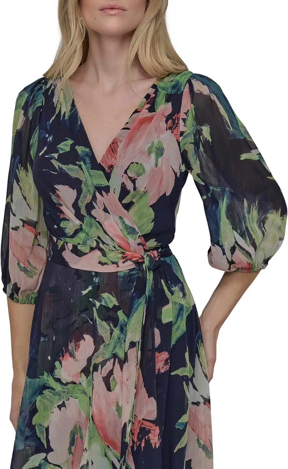 DKNY Women's Balloon Sleeve Tie Fit & Flare Midi Dress