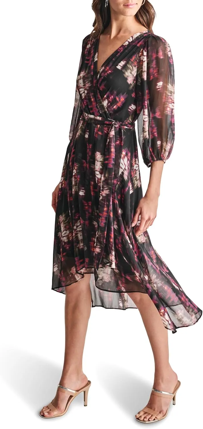 DKNY Women's Balloon Sleeve Tie Fit & Flare Midi Dress