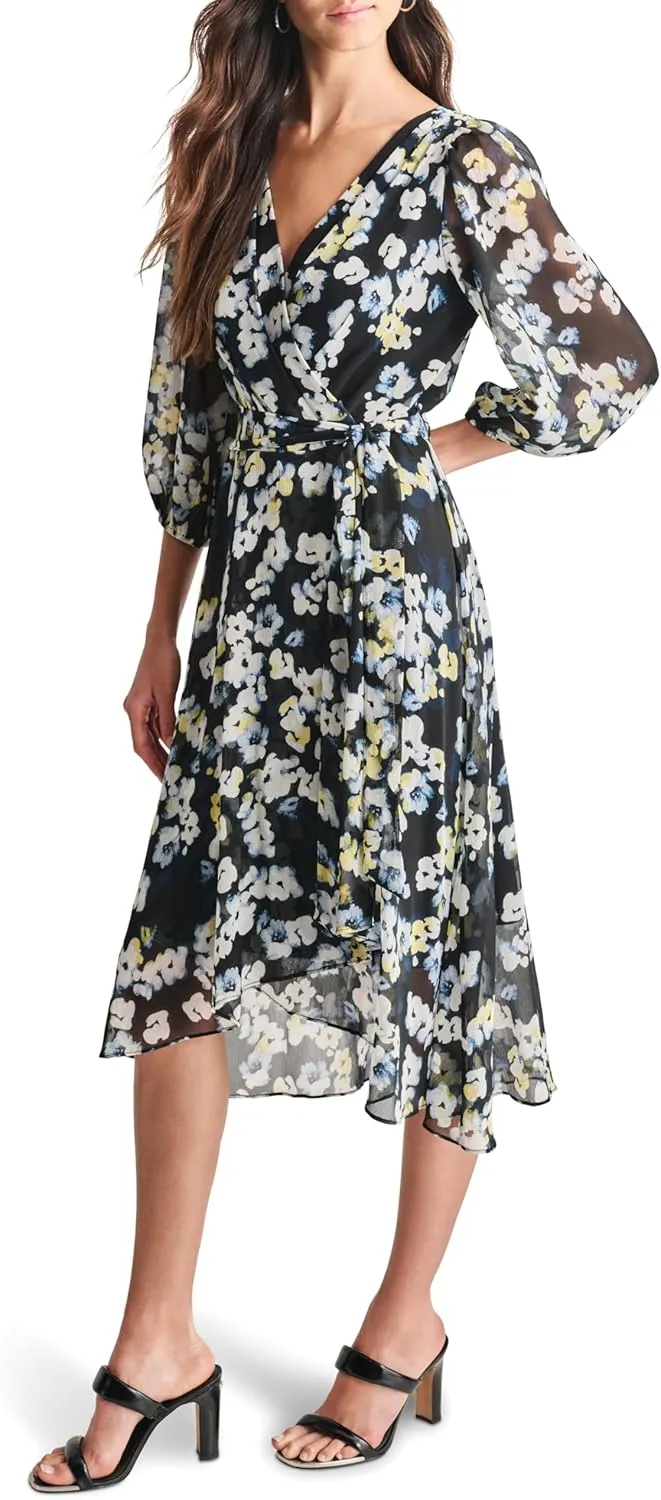 DKNY Women's Balloon Sleeve Tie Fit & Flare Midi Dress