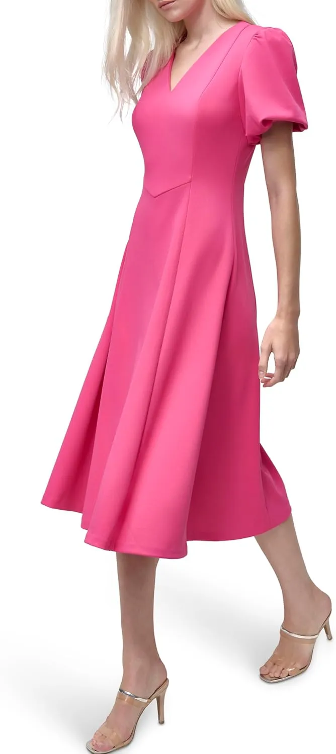 DKNY Women's Bubble Sleeve V-Neck Fit & Flare Mini Dress