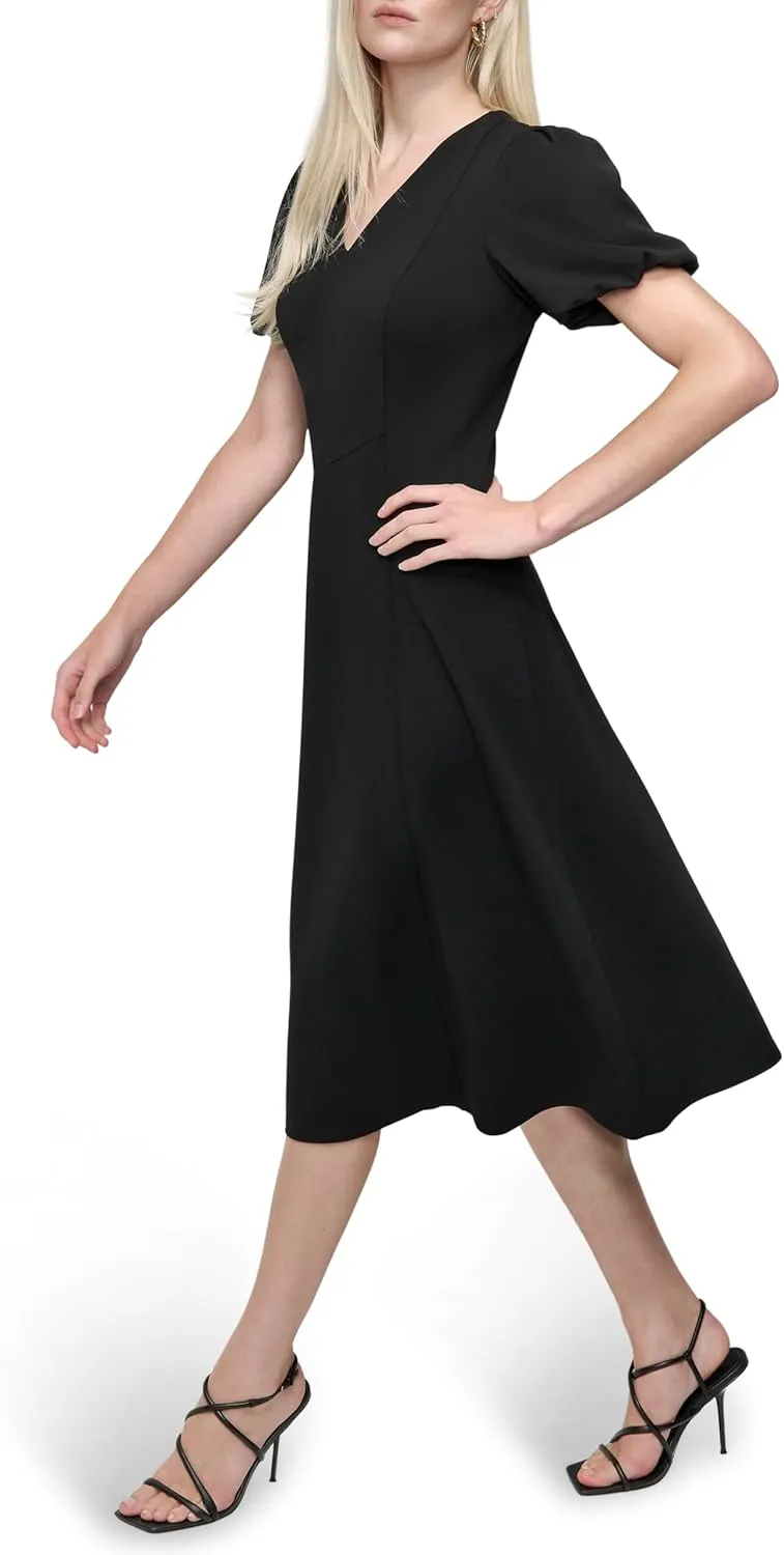 DKNY Women's Bubble Sleeve V-Neck Fit & Flare Mini Dress