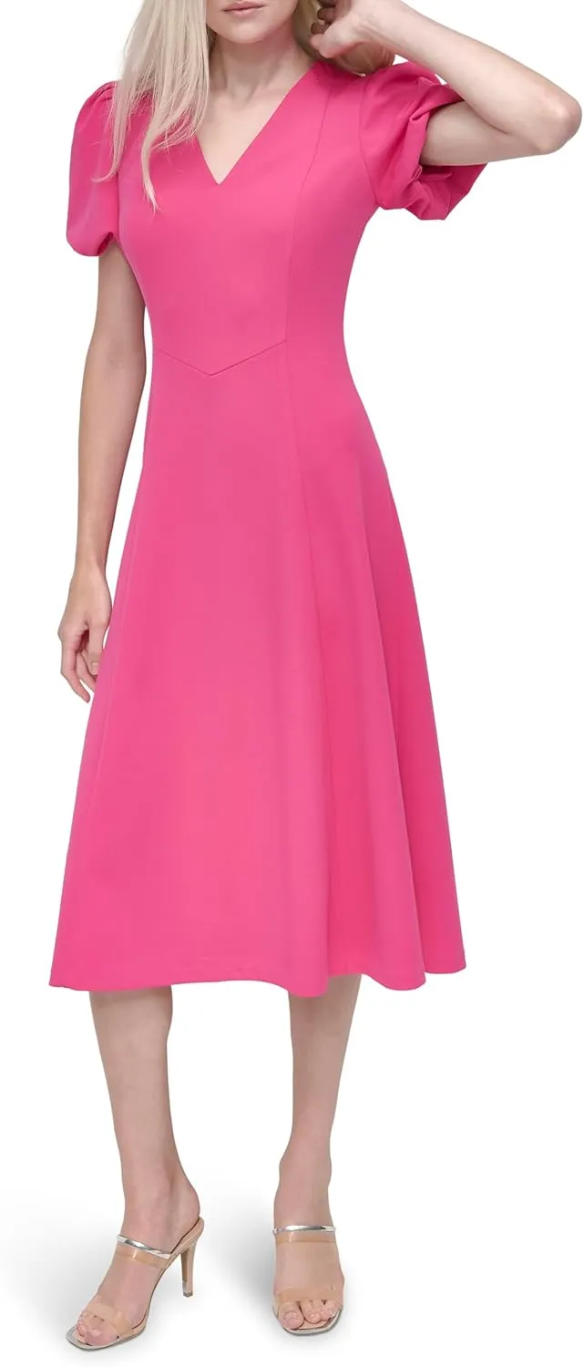 DKNY Women's Bubble Sleeve V-Neck Fit & Flare Mini Dress