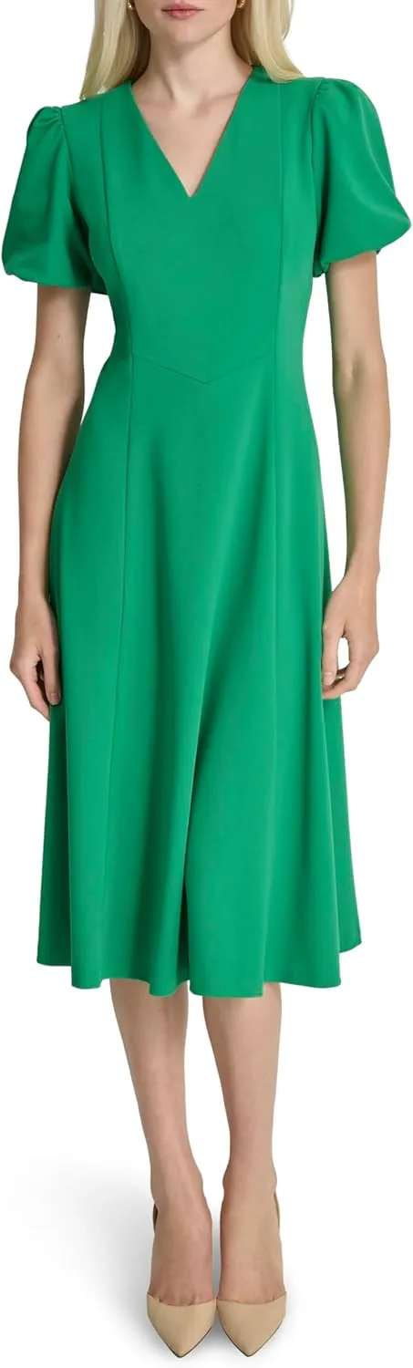 DKNY Women's Bubble Sleeve V-Neck Fit & Flare Mini Dress