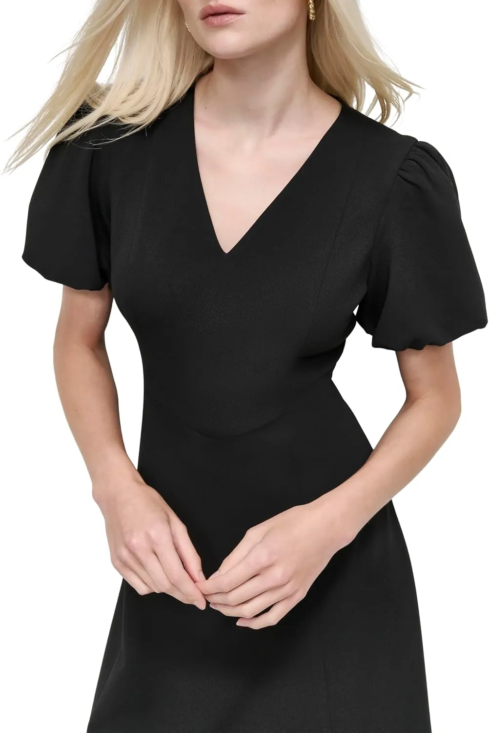 DKNY Women's Bubble Sleeve V-Neck Fit & Flare Mini Dress
