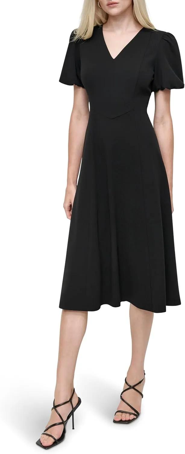 DKNY Women's Bubble Sleeve V-Neck Fit & Flare Mini Dress