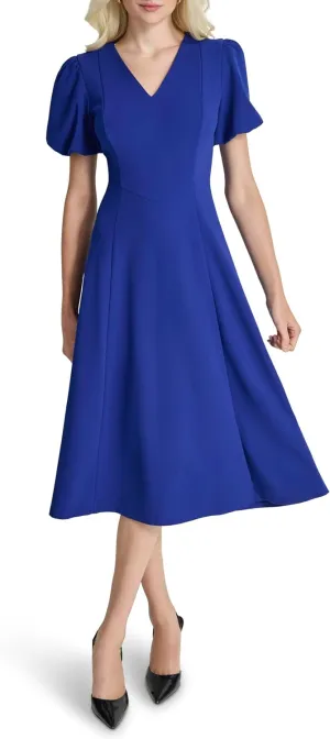 DKNY Women's Bubble Sleeve V-Neck Fit & Flare Mini Dress