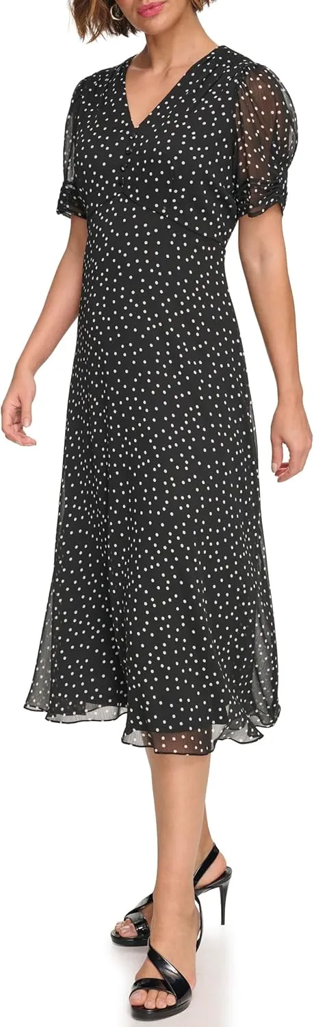 DKNY Women's Short Sleeve Button Front Fit & Flare Midi Dress