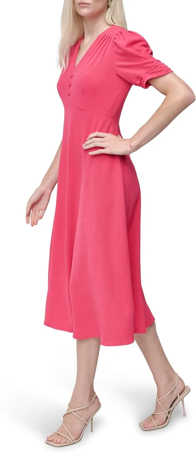 DKNY Women's Short Sleeve Button Front Fit & Flare Midi Dress