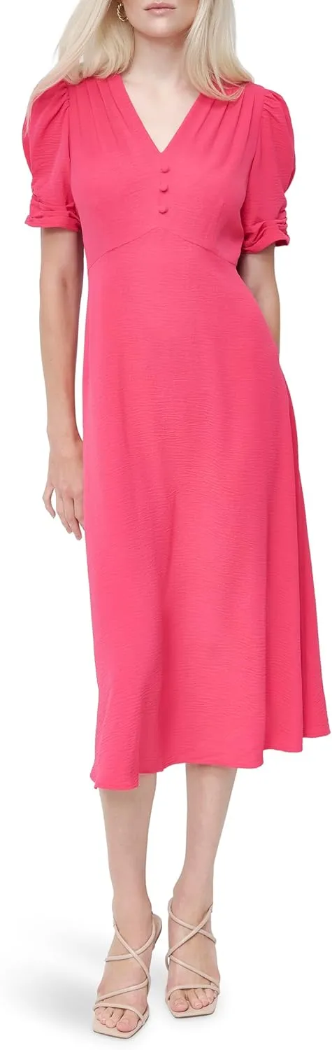 DKNY Women's Short Sleeve Button Front Fit & Flare Midi Dress