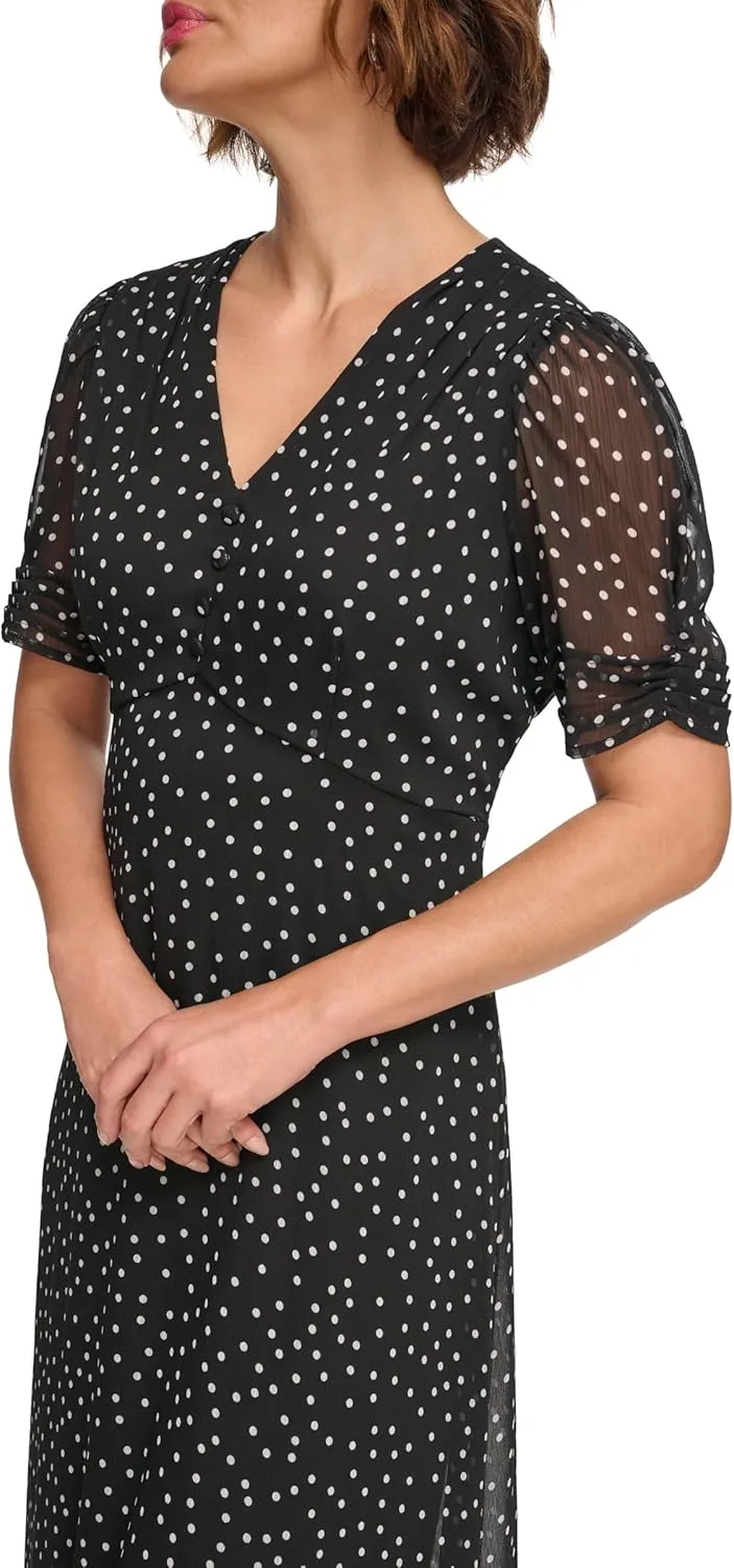 DKNY Women's Short Sleeve Button Front Fit & Flare Midi Dress