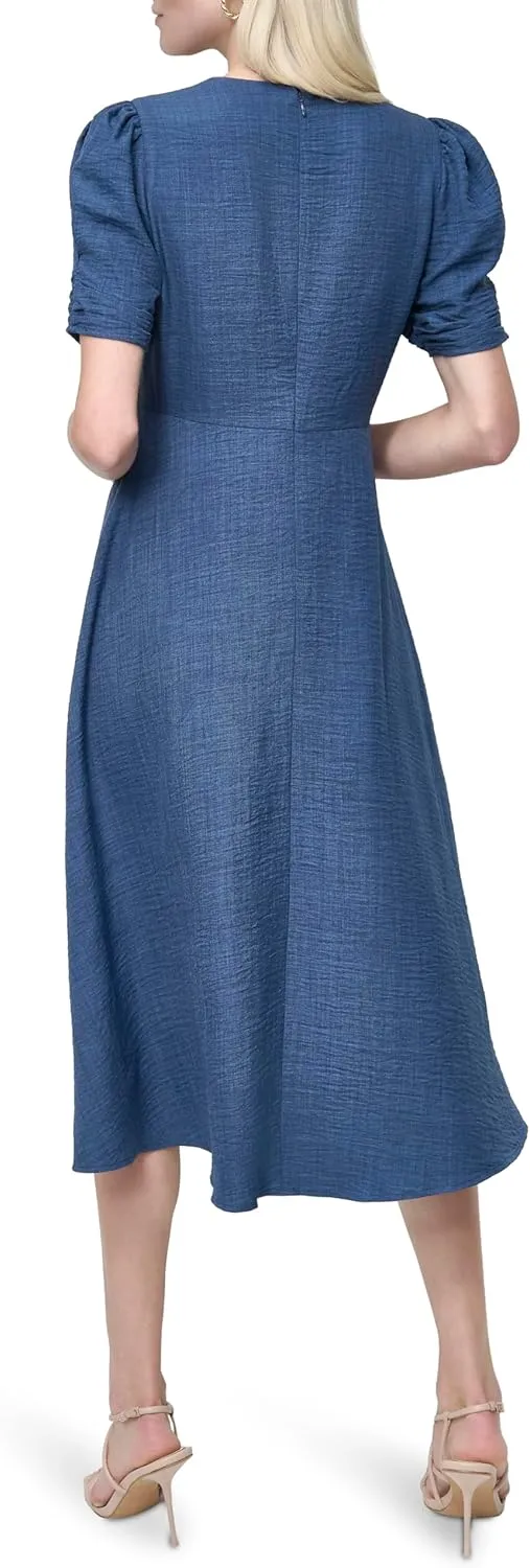DKNY Women's Short Sleeve Button Front Fit & Flare Midi Dress