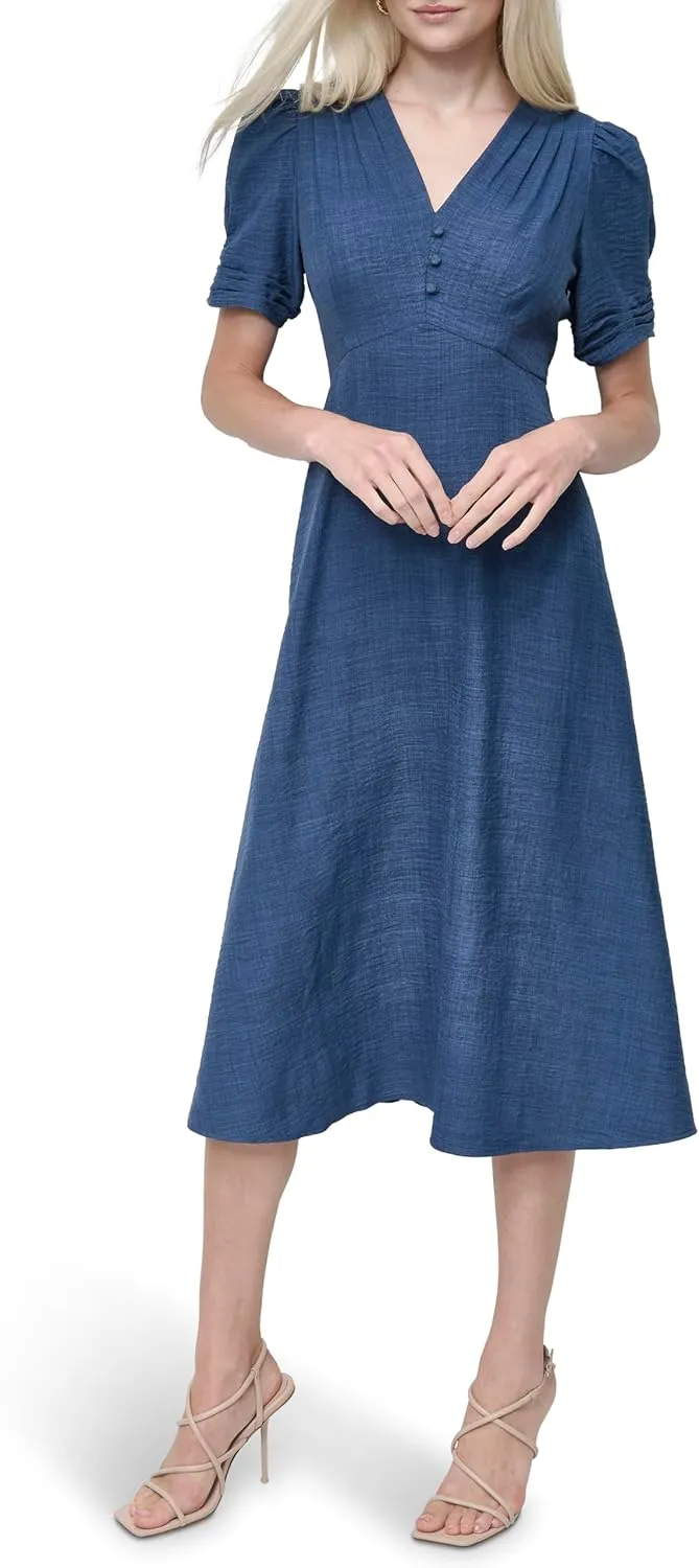 DKNY Women's Short Sleeve Button Front Fit & Flare Midi Dress