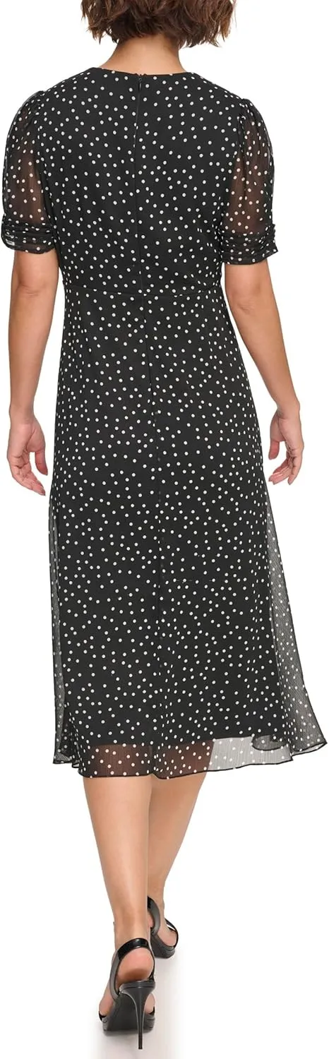 DKNY Women's Short Sleeve Button Front Fit & Flare Midi Dress