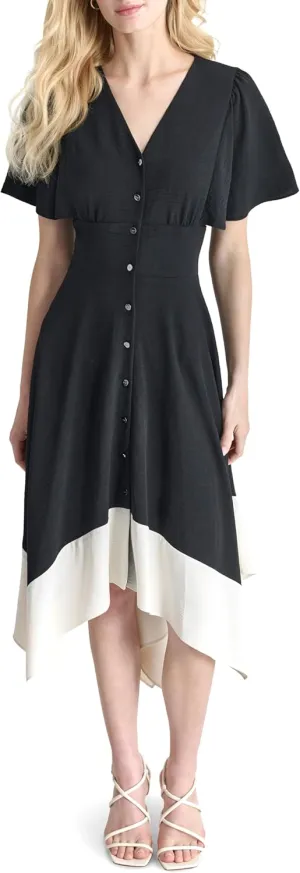 DKNY Women's Short Sleeve V-Neck Fit & Flare Midi Dress