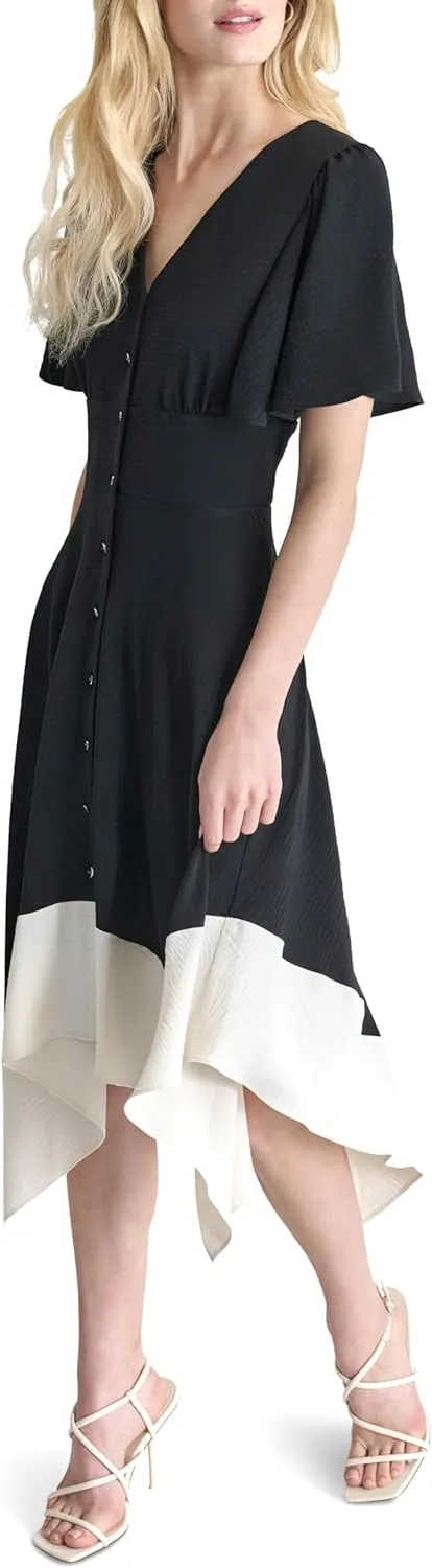 DKNY Women's Short Sleeve V-Neck Fit & Flare Midi Dress