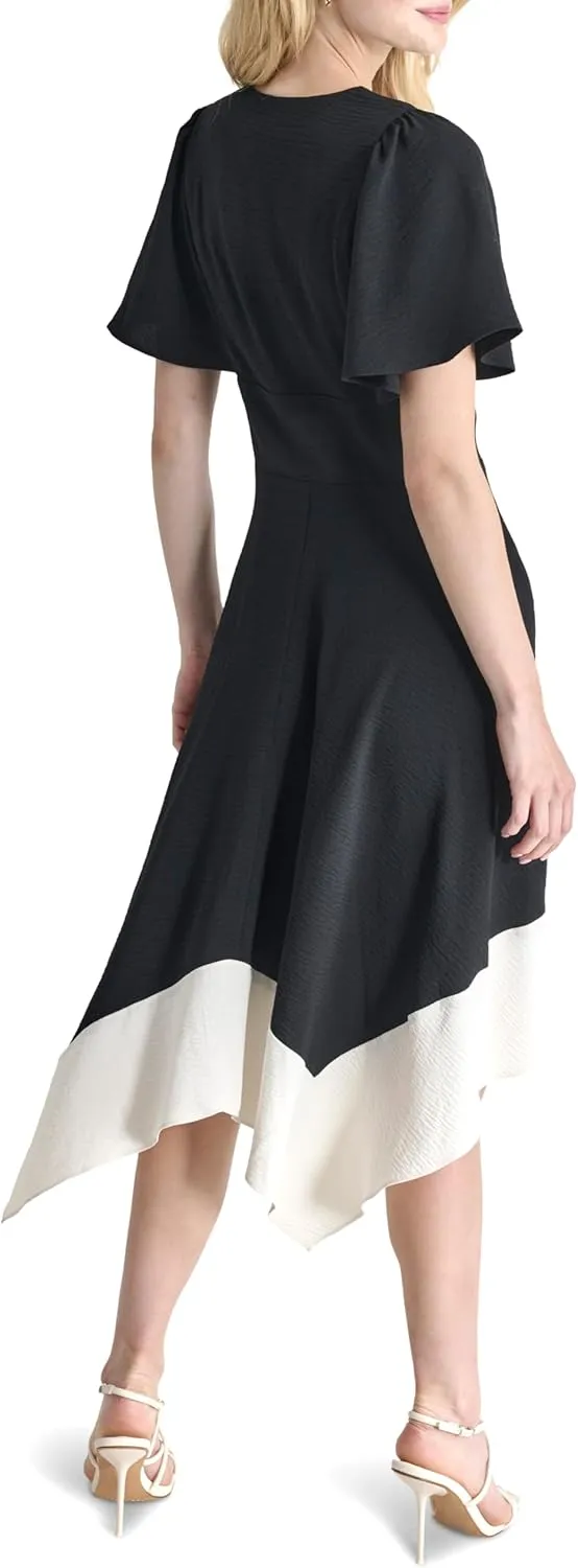 DKNY Women's Short Sleeve V-Neck Fit & Flare Midi Dress