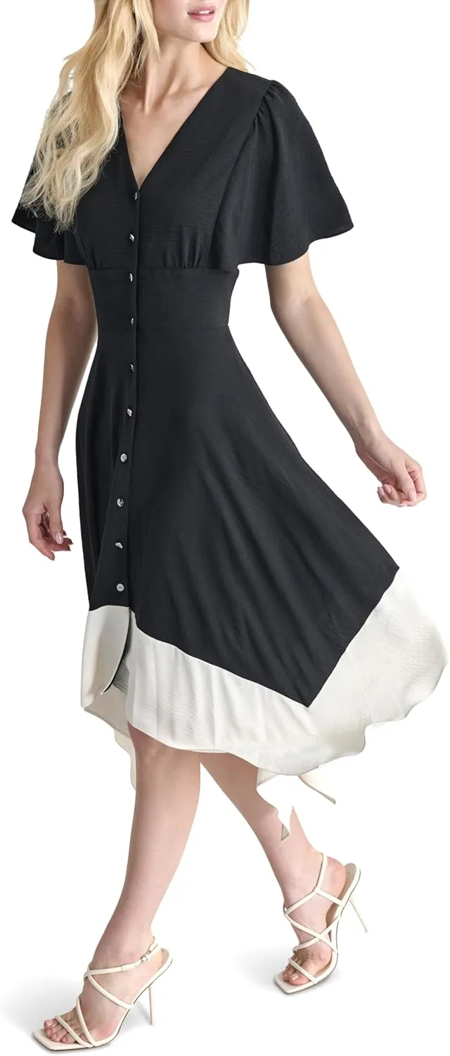 DKNY Women's Short Sleeve V-Neck Fit & Flare Midi Dress