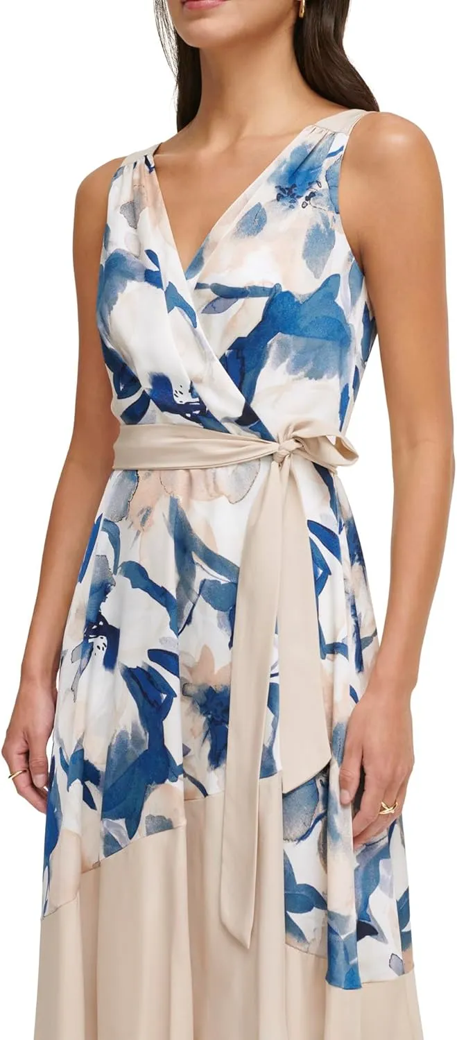 DKNY Women's Sleeveless Tie Fit & Flare Midi Dress