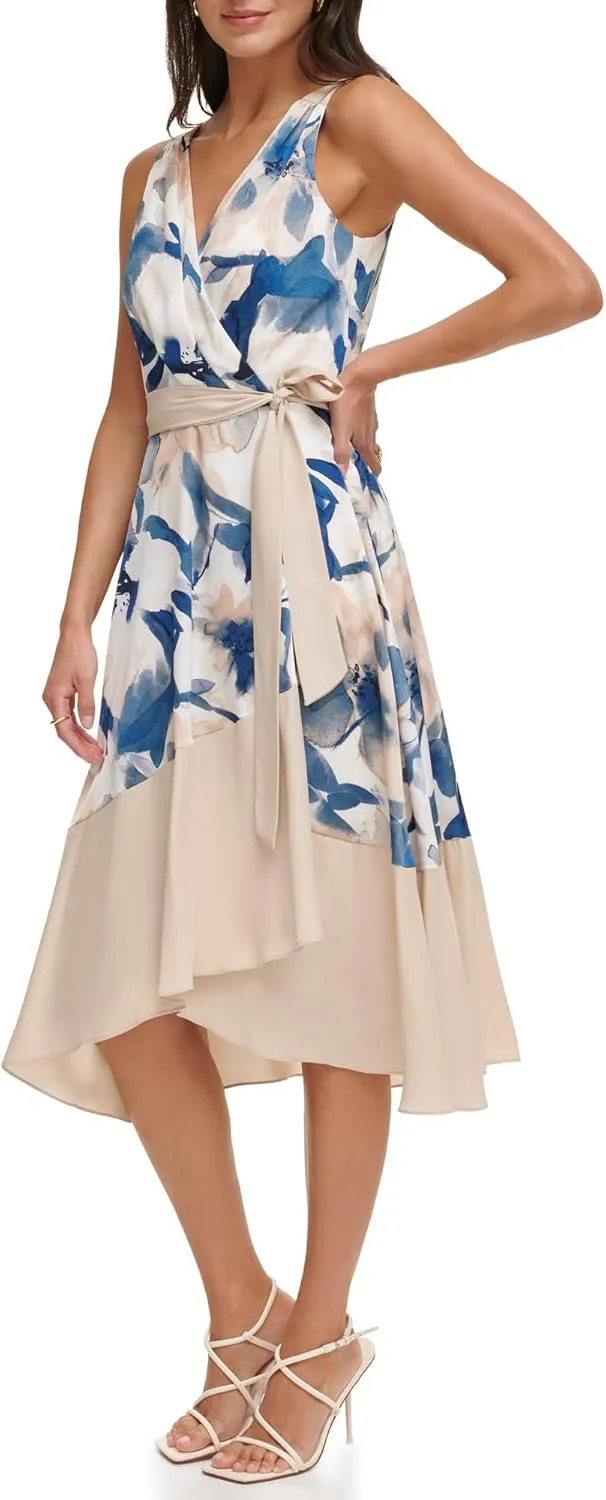 DKNY Women's Sleeveless Tie Fit & Flare Midi Dress