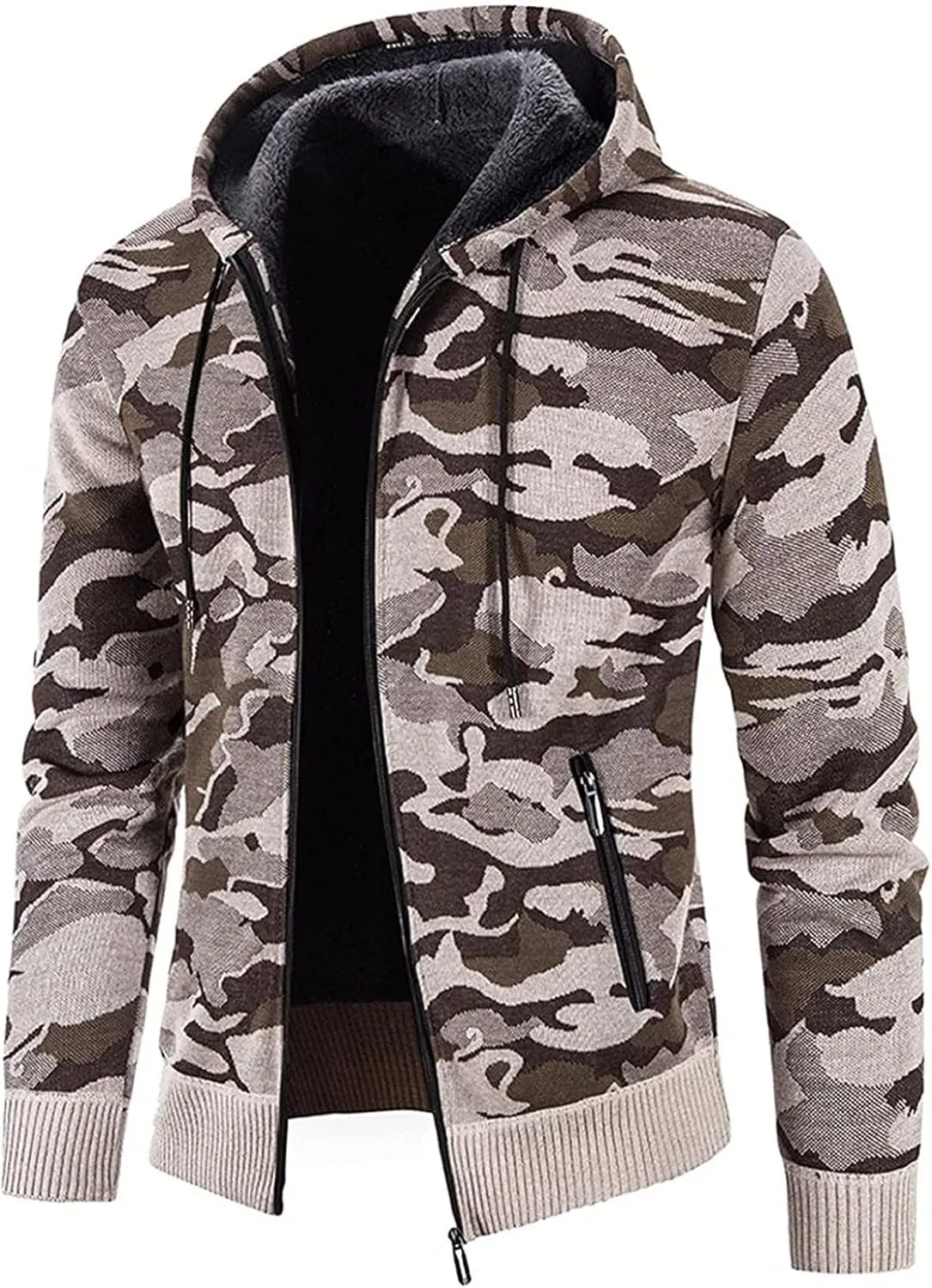 DuDubaby Men's Leather Jacket Active Jacket Fashion Long Sleeve Warm Camouflage Printed Hooded Jacket Top Polyester Jacket