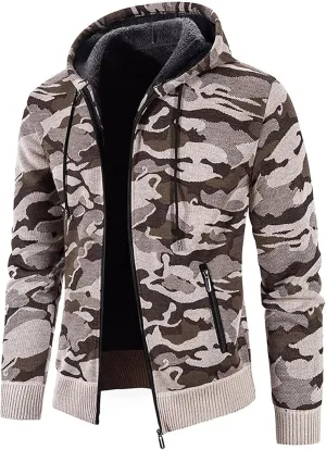 DuDubaby Men's Leather Jacket Active Jacket Fashion Long Sleeve Warm Camouflage Printed Hooded Jacket Top Polyester Jacket