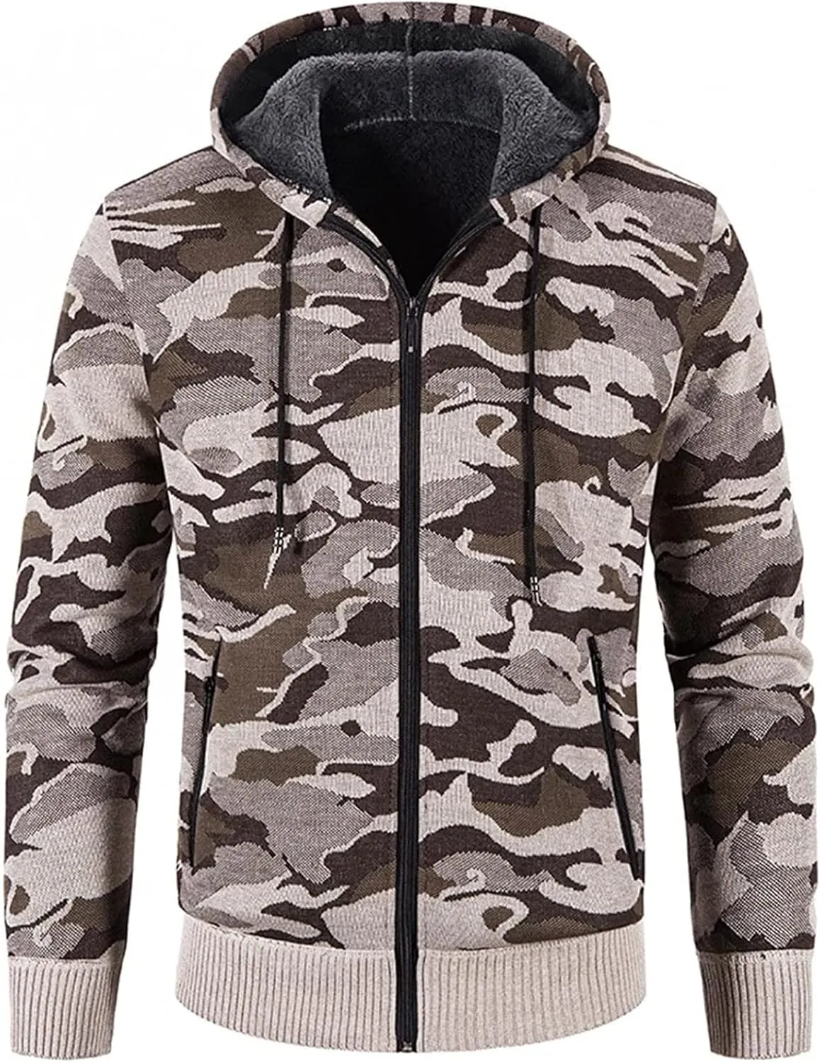 DuDubaby Men's Leather Jacket Active Jacket Fashion Long Sleeve Warm Camouflage Printed Hooded Jacket Top Polyester Jacket