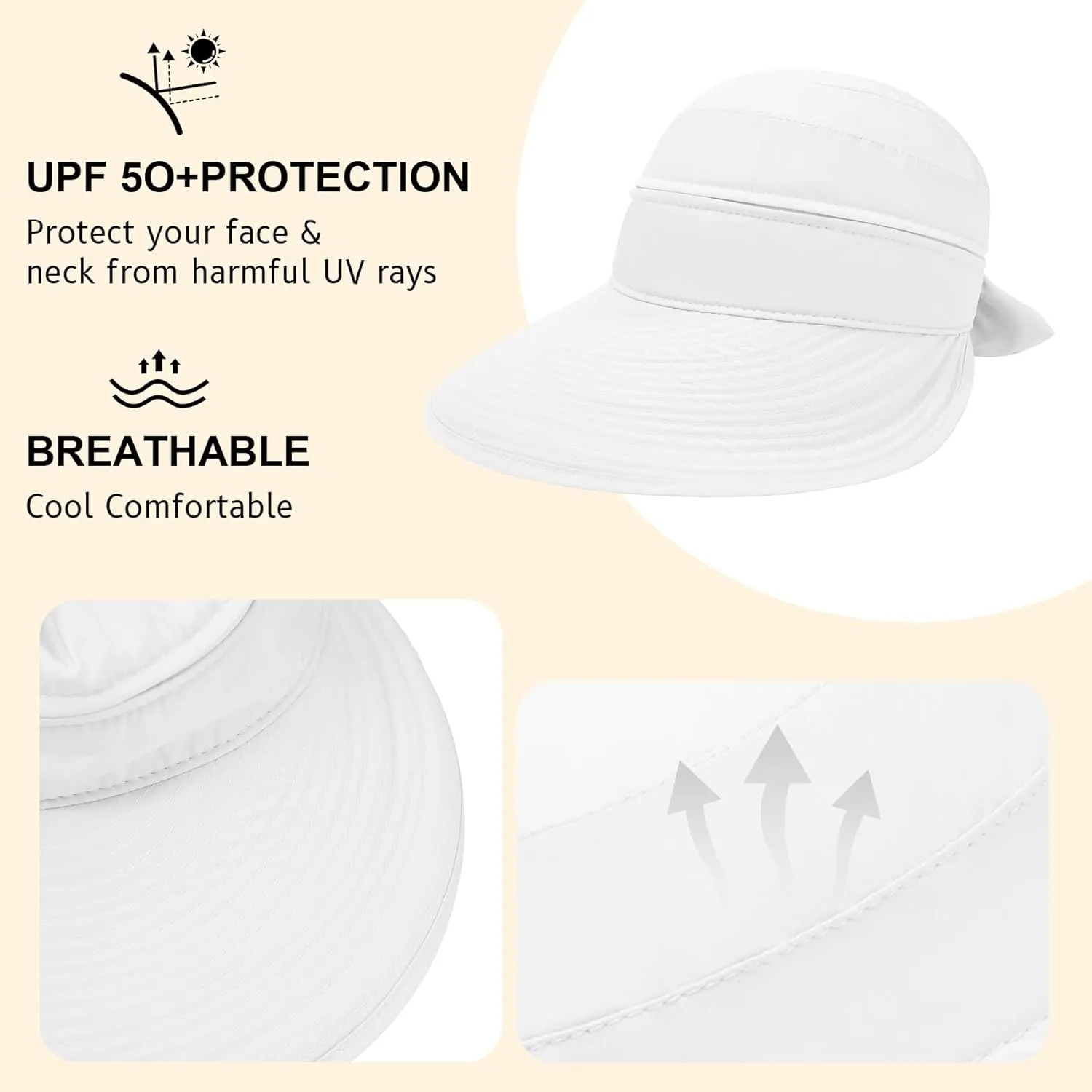 Durio Sun Hat for Women UV Protection Visor Hats Wide Brim Sun Hats Ponytail for Summer Beach Tennis Golf Garden