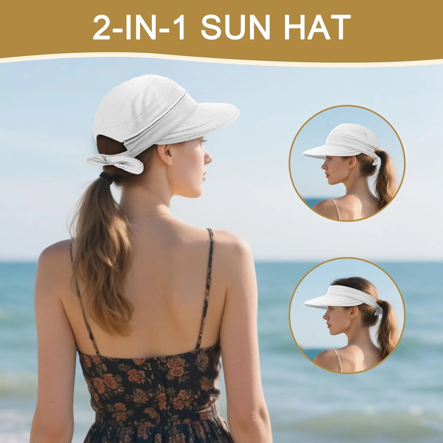 Durio Sun Hat for Women UV Protection Visor Hats Wide Brim Sun Hats Ponytail for Summer Beach Tennis Golf Garden