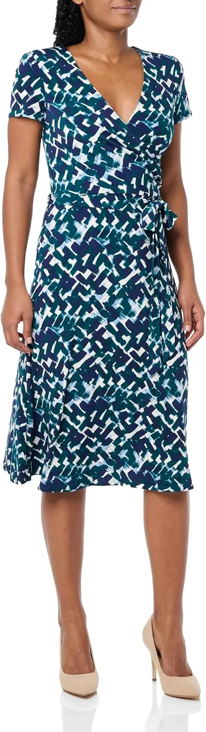 Eliza J Women's Short Sleeve V-Neck Faux Wrap Midi Dress