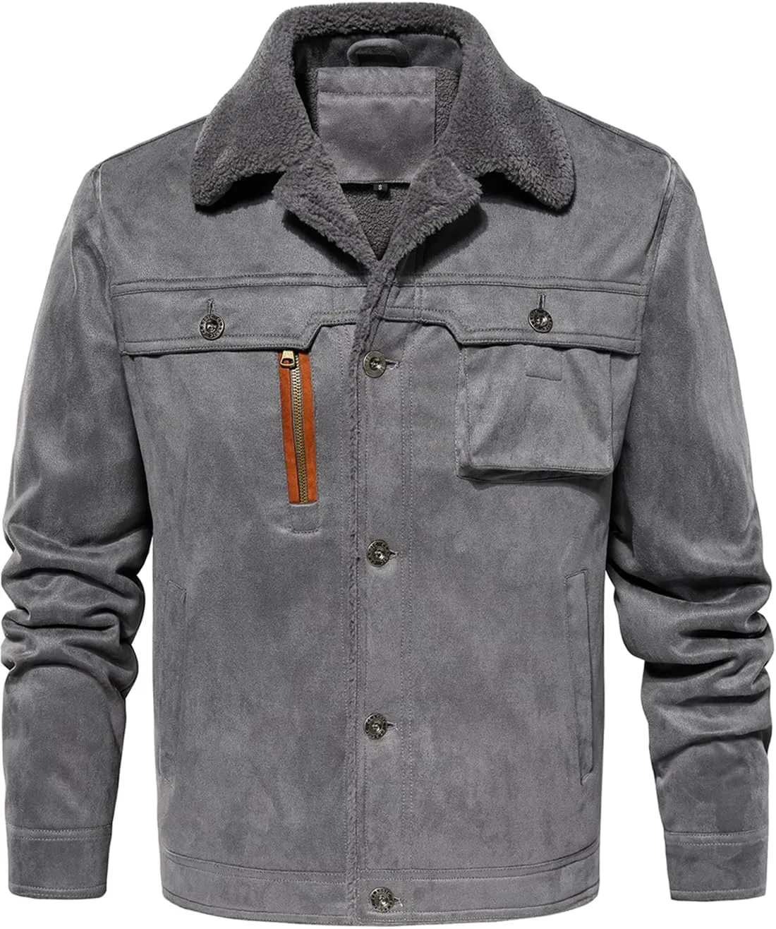 FANARCHER Men’s Casual Winter Jackets Faux Suede Leather Sherpa Jackets Warm Fleece Lined Turn-Down Coat with 5 Pockets