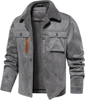 FANARCHER Men’s Casual Winter Jackets Faux Suede Leather Sherpa Jackets Warm Fleece Lined Turn-Down Coat with 5 Pockets