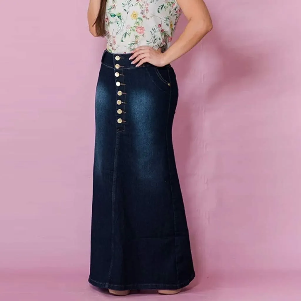 Fashion Front Skirts Washed Jean Casual Senim Long Skirt Denim Long A-Line Vintage Women's Oiversized Button Jean Maxi Skirt